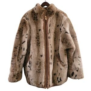 Vntg Womens Reversible Suede Leather & Faux Leopard Fur Coat Size L Tan Winlet